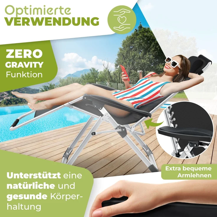 KESSER® Sonnenliege, klappbar, mit Getränkehalter, mit Auflage Polster & Kissen, verstellbare Rückenlehne, Schwarz, 77cm x 72cm x 180cm – Bild 3