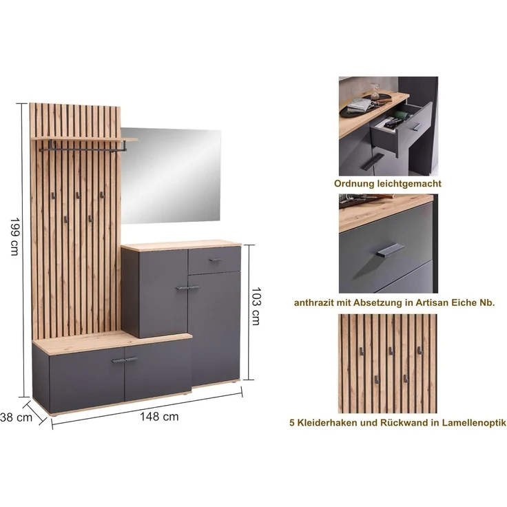 moebel-dich-auf Garderoben-Set COMO, (Paneel + Schuhschrank + Spiegel, in anthrazit oder weiß / Artisan Eiche Nb), 148 cm breit – Bild 2