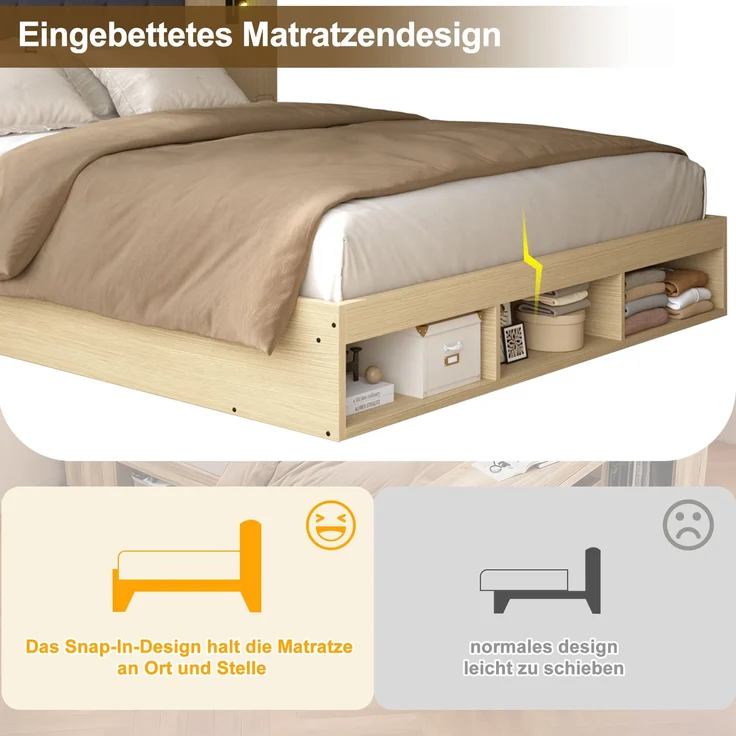 Merax Doppelbett 160*200cm, Stauraumbett, holzbett, Jugendbett, mit USB& Type-C-Ladestation und Leselampe, mit 2 Nachttische, heller Eichenfarbe – Bild 5