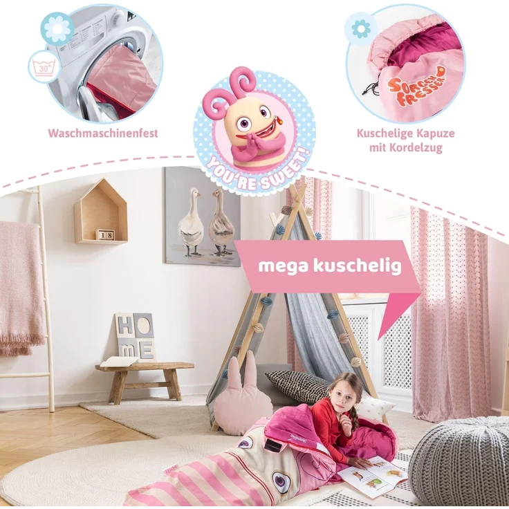 Skandika Kinderschlafsack Sorgenfresser Polli, Großzügige Kapuze mit breitem Rand und Kordelzug, Jungs, Mädchen, Komfortbereich 12 – 3 °C, wasserabweisend, Mund-Tasche – Bild 4
