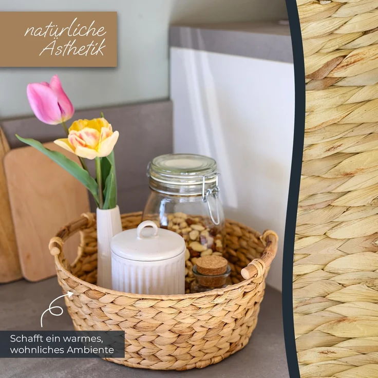 HMF Aufbewahrungskorb Präsentkorb, runder Aufbewahrungskorb mit Holzgriffen, geflochten aus, natürlicher Wasserhyazinthe, 30 x 12 cm – Bild 4