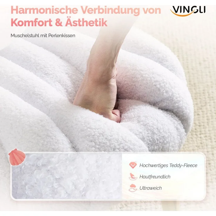 VINGLI Polsterstuhl Schminktisch Stuhl aus Teddystoff, Muschel Schminkstuhl, Verstellbare goldene Beine, Perlen Zierkissen – Bild 3