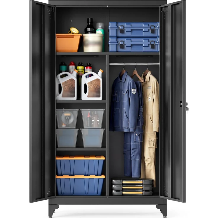 SONGMICS Mehrzweckschrank, Garderobenschrank, Aufbewahrungsschrank, Aktenschrank, Metallschrank, mit 2 Türen, 5 Fächern, Hängestange, abschließbar, hohe Füße, 80 x 40 x 165 cm, Mattschwarz OMC018BD01