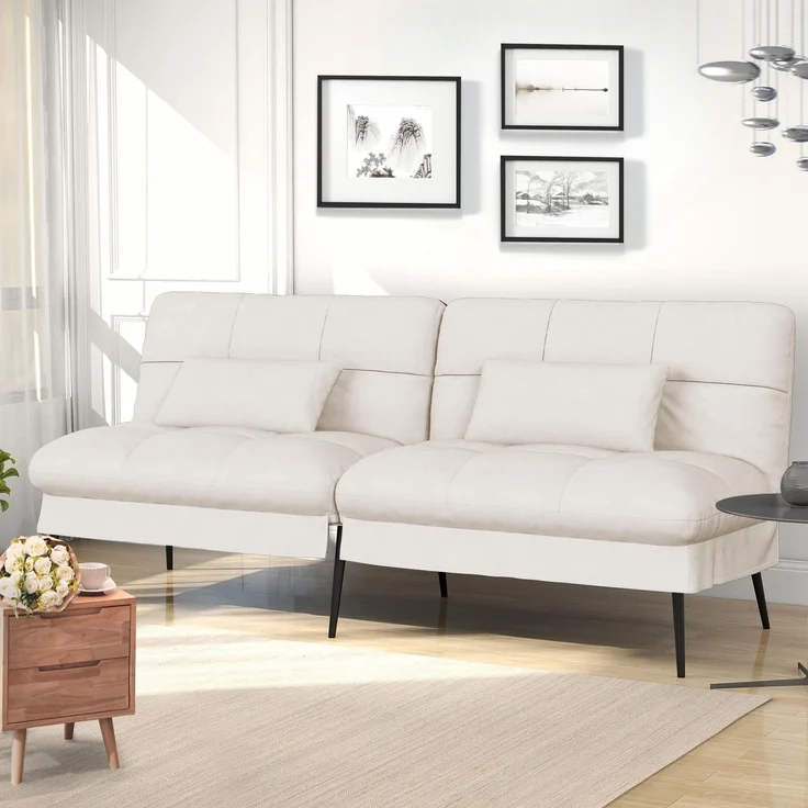 COMHOMA Sofa Schlafsofa mit Schlaffunktion, überzug Futon Klappsofa, Bettcouch, ecksofa, Couch Gästebett, 3-Sitzer Sofa, mit verstellbare Rückenlehne aus Stoff Beige – Bild 2