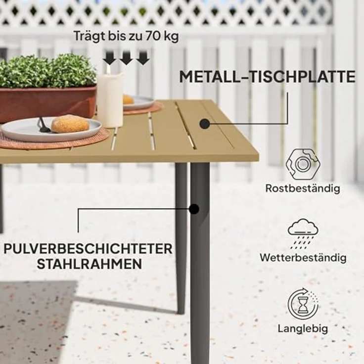 Outsunny Gartentisch mit Schirmloch, Lamellendesign (Campingtisch aus Stahl, 1-St, Balkontisch), für Garten, Balkon, Braun – Bild 7