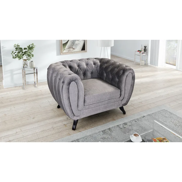 Edler Chesterfield Sessel 1 Sitzer Velours grau Couch Polstersofa Wohnlandschaft