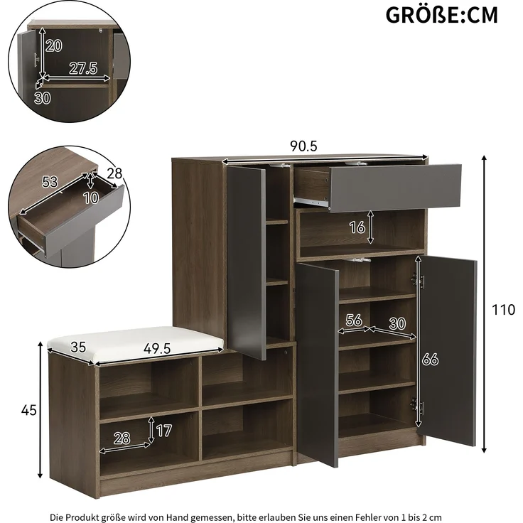Grau Schuhschrank Mit Sitzbank 140cm Breit Grifflos Mit Rückprallvorrichtung Verstellbare Einlegeböden Schuhregal Mit Stauraum Für 15-20 Paar Schuhe Schuhbank Für Flur Eingangsbereich Moderner Aufbewahrungsschrank Mit Kippsicherung Hochwertige Spanplat... – Bild 3