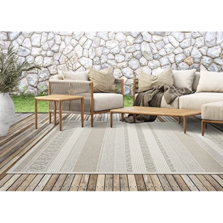 the carpet Calgary - robuster Teppich, Flachgewebe, modernes Design, ideal für Küche und Esszimmer, Vintage-Optik, Boho-Style, besonders flach, auch für den Außenbereich, Beige, 140x200 cm – Bild 7