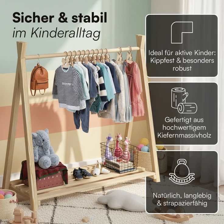 Bellabino 'Ryck' Tipi Kleiderstange, Kiefer Massivholz, natur, 112x48x115 cm, Kindergarderobe mit Schuhablagefläche – Bild 5