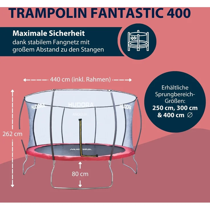 Hudora Fantastic Trampolin 400V', mit Sicherheitsnetz, für die ganze Familie, max. belastbar bis 100 kg, 400 cm Durchmesser, rot, ab 3 Jahren – Bild 17