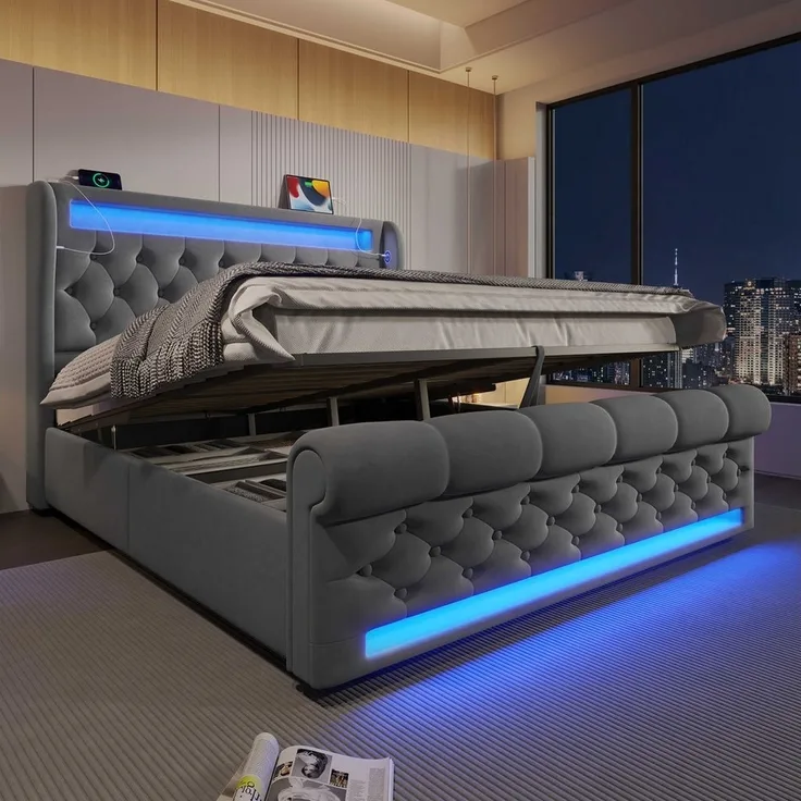 BlingBin Polsterbett Stauraumbett (1-tlg, Funktionsbett mit Lade- und Lichtfunktion für gemütliche Schlafzimmer), mit LED-Beleuchtung, USB- & Type-C-Ladestation und stilvollem Samt