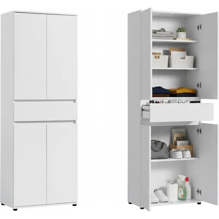 Home Collective Mehrzweckschrank Schrank 60 cm breit mit 4 Türen & Schublade mit 3 Einlegeböden 64x34x180 cm (BxTxH) Weiß