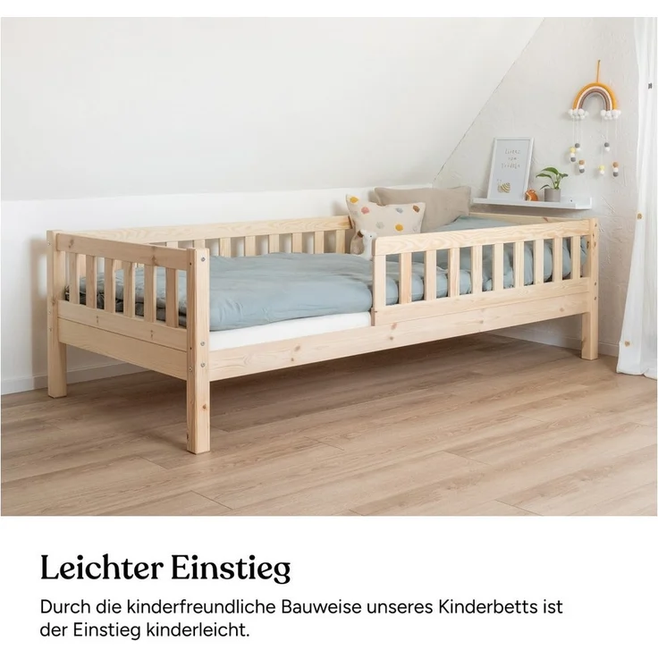 Ehrenkind Kinderbett mit Rausfallschutz aus massivem Kieferholz, Kinderbett 90x200 cm (zeitlos, hochwertig und auch für ältere Kinder geeignet, aus FSC zertifiziertem Holz), Jugendbett, Kinderbett mit Rausfallschutz – Bild 3