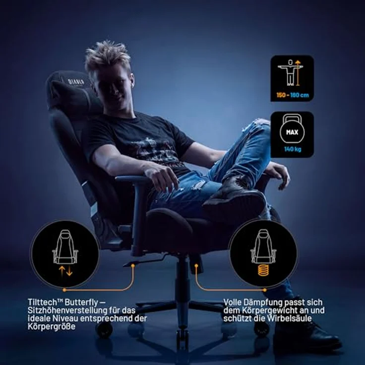 Diablo Gaming Stuhl ergonomisch groß bis 160 kg Stoff atmungsaktiv für große Menschen Drehstuhl mit Lendenstütze Memory Foam Kopfkissen 3D Armlehnen verstellbar bis 140 Grad Burned Black – Bild 9