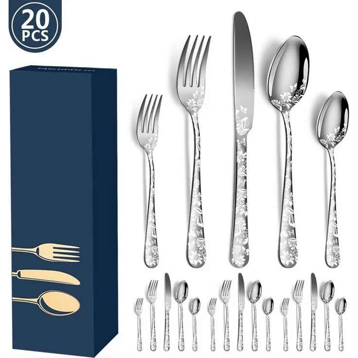 DOPWii Besteck-Set 20-teiliges Besteckset aus Edelstahl, Hochglanzpoliertes Besteckset mit Blumenmuster, Spülmaschinenfest