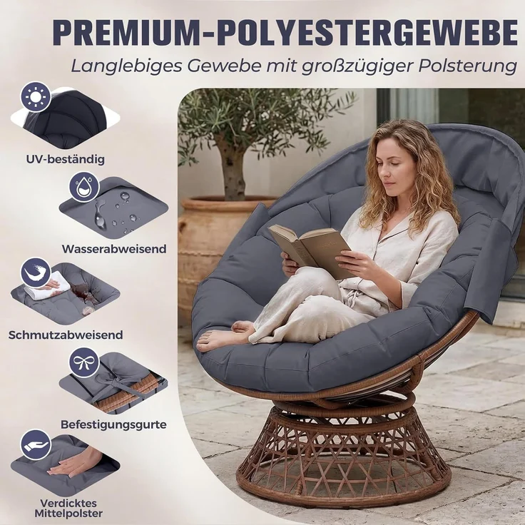COMHOMA Papasansessel, gemütlicher Drehsessel mit Kissen rund, bequemer Rattansessel, Loungesessel drehbar, runder Relax Korbsessel Rattan für Wohnzimmer, Leseecke, Lounge - grau – Bild 4