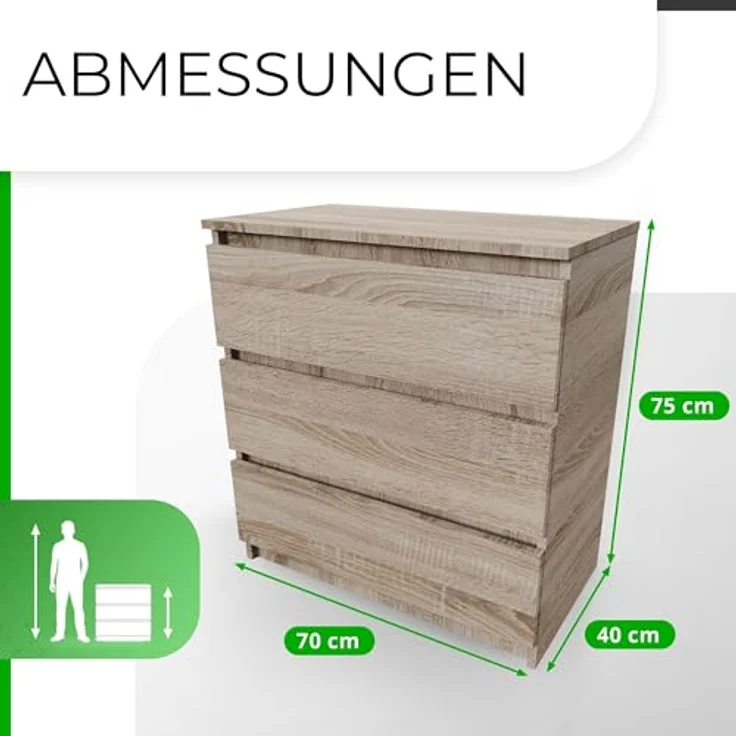 CDF Kommode mit Schublade Eiche Sonoma Schrank Schubladenschrank 3 Schubladen Malm Kommode viel Stauraum Geeignet für Wohnzimmer Schlafzimmer Komodenschrank Organizer Kleidung 40T x 70B x 75H cm – Bild 3