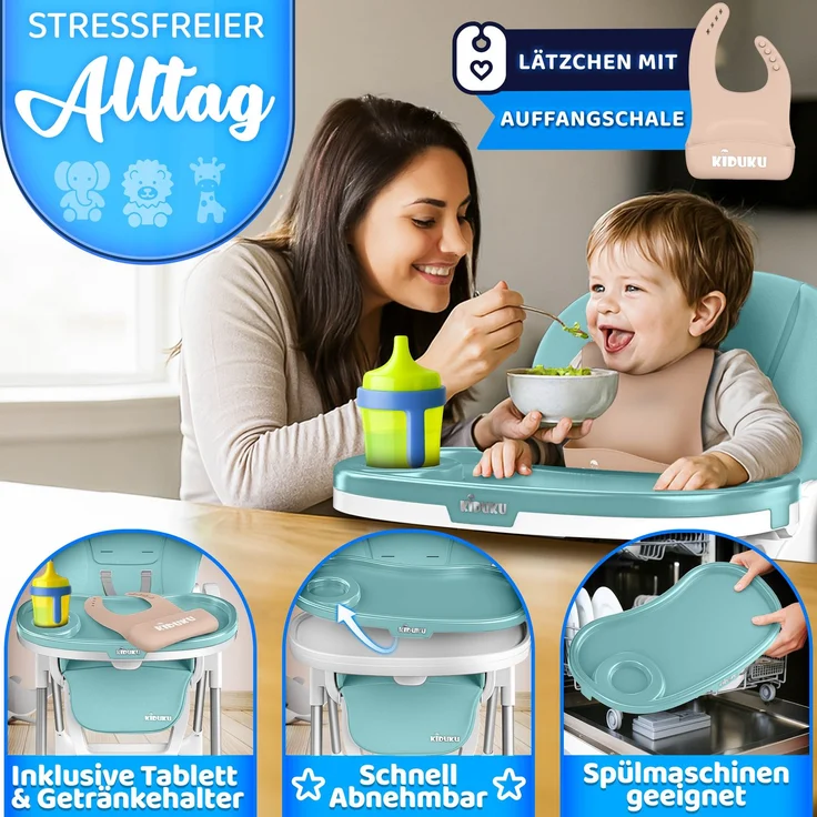 KIDUKU® Hochstuhl Baby 3in1 mit Neugeborenenaufsatz + Lätzchen, Spielbogen & Tisch | Kinderhochstuhl klappbar mit Liegefunktion | Kombihochstuhl höhenverstellbar | Babystuhl mitwachsend 0-36 Monate – Bild 9