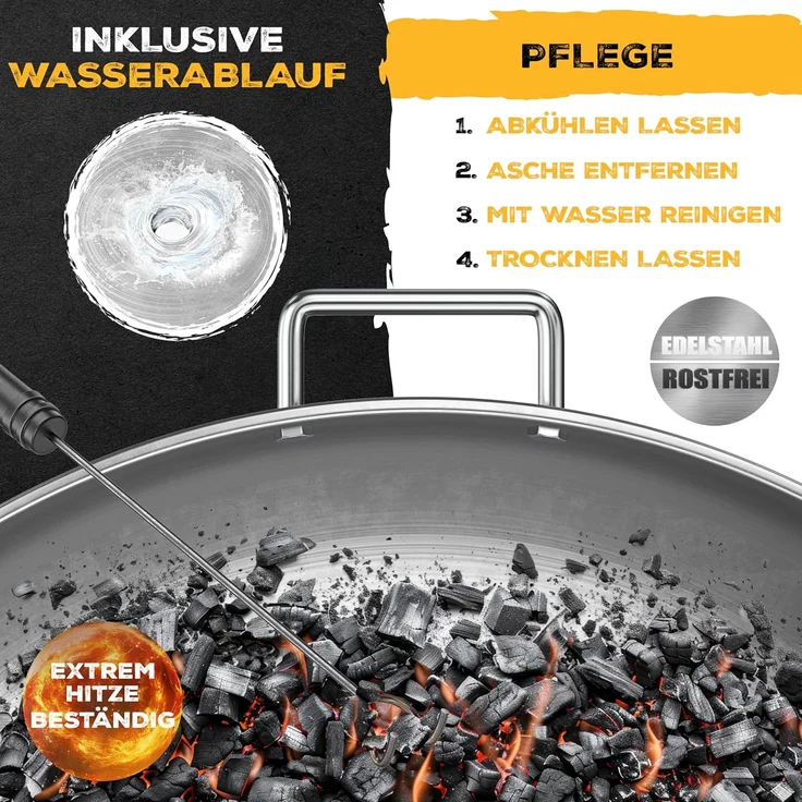 KESSER® Feuerschale mit 2,5 mm Stahldicke Feuerkorb aus Edelstahl / Stahl inklusive 42cm Feuerhaken aus Gusseisen, Wasserablauf & 2 stabile Griffe für Holz & Kohle Feuerstelle für Garten & Terrasse Ø 80 cm, Edelstahl – Bild 6