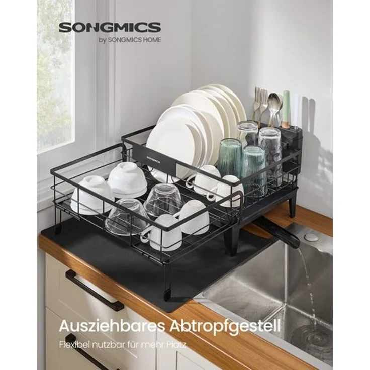 SONGMICS Abtropfgestell Geschirr, ausziehbarer Geschirr-Abtropfständer, wasserabsorbierende Silikonmatte, 360° drehbarer und ausziehbarer Ablauf, (31-56) x 42 x 20 cm, tintenschwarz – Bild 2