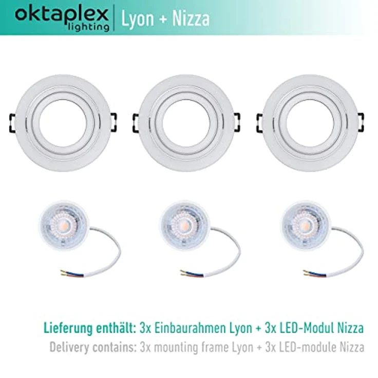 Oktaplex Lyon 3er Set Einbaustrahler mit 3 Stufen dimmbaren LED Modulen, 4,8W 2700K Warmweiß, schwenkbar, Einbaudurchmesser 80mm – Bild 2