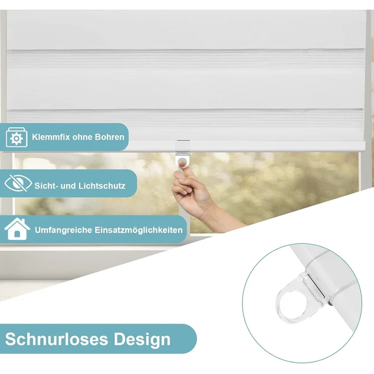 WOLTU Doppelrollo Klemmfix ohne Bohren 70x150 cm Weiß, Duo Rollo Zebrarollo Schnurlos für Fenster & Tür, Seitenzugrollo Fensterrollo ohne Kettenzug lichtdurchlässig & verdunkelnd/Kindersicherung – Bild 2