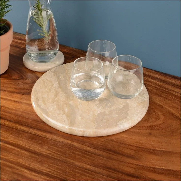 wohnfreuden Dekotablett Marmor Naturstein Platte 30 cm creme rund, 32987