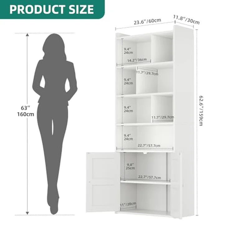 YITAHOME 4-stöckiges Bücherregal mit Türen und Schrank, freistehendes Bücherregal mit offenen Fächern für Zuhause, Büro, Wohnzimmer und Schlafzimmer, Weiß, 60 x 30 x 159 cm – Bild 3