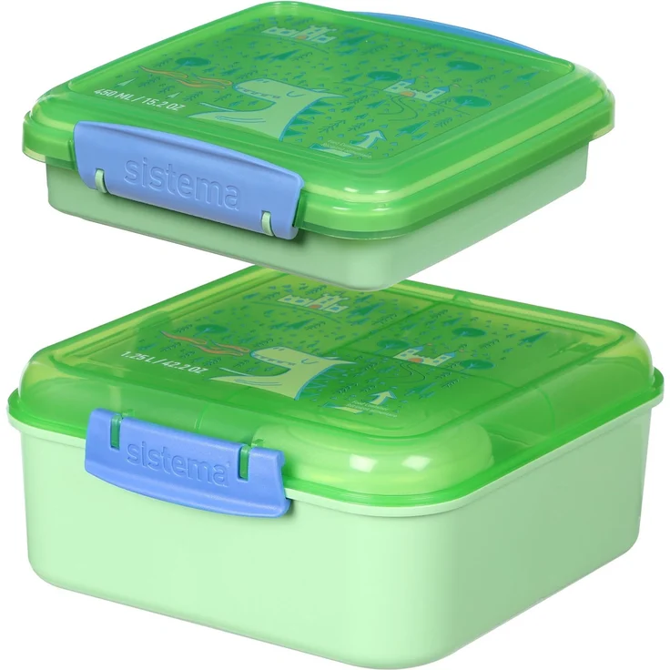 Sistema Expressions Kids Bento Brotdose Set | Bento Cube (1,25L) & Sandwich Box (450ml) | Dinosaur Cucumber