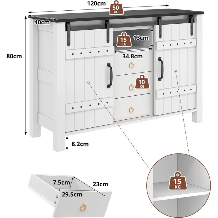 Merax 120 cm Buffetschrank mit Stauraum, Seitenschrank mit Schiebetüren und 3 Schubladen, rustikaler Holz-Kaffeebar-Buffettisch, weiß – Bild 4