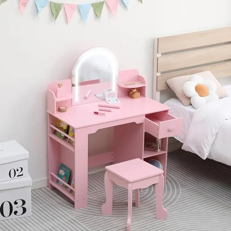 GarveeLife Schminktisch für Kinder mit Hocker und LED-Spiegel, Kleiner Schminktisch mit Schublade und 1 offenen Fächern, für Mädchen von 3 – 6 Jahren, Rosa, inklusive Zubehör
