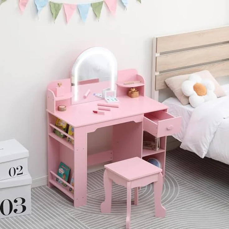 GarveeLife Schminktisch für Kinder mit Hocker und LED-Spiegel, Kleiner Schminktisch mit Schublade und 1 offenen Fächern, für Mädchen von 3 – 6 Jahren, Rosa, inklusive Zubehör – Bild 1