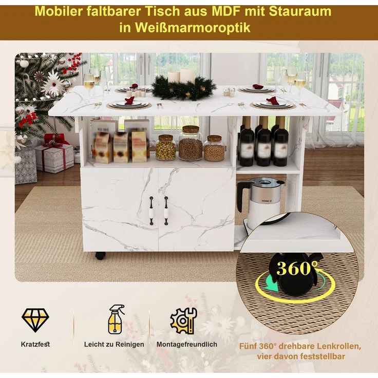 Flieks Mobile Kücheninsel 110x70x80 cm, klappbarer Küchentisch mit Rollen, Ablageböden & Stauraum, Esstisch und Sideboard, Weißes Marmormuster – Bild 6