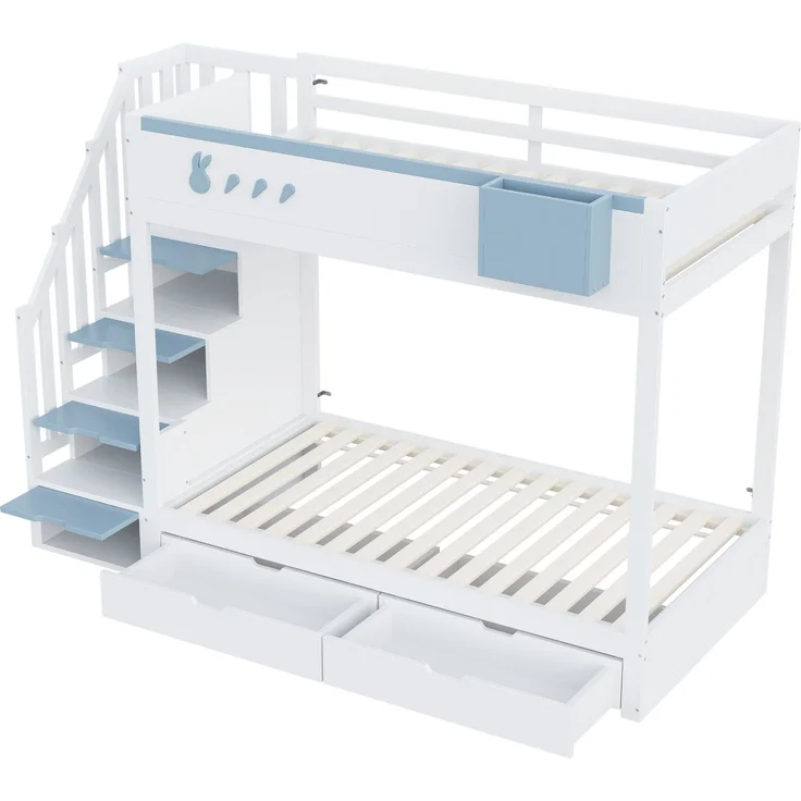 Kinder-Etagenbett 90x200 cm mit Kaninchen-Design, Stauraumleiter, Schubladen, Ablagefach, Massivholz,Weiß & blau – Bild 7