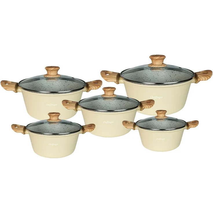 Kochtopf-Set 10-tlg. mit Glasdeckeln – Induktion geeignet, Antihaft-Marmorbeschichtung Beige – Bild 3