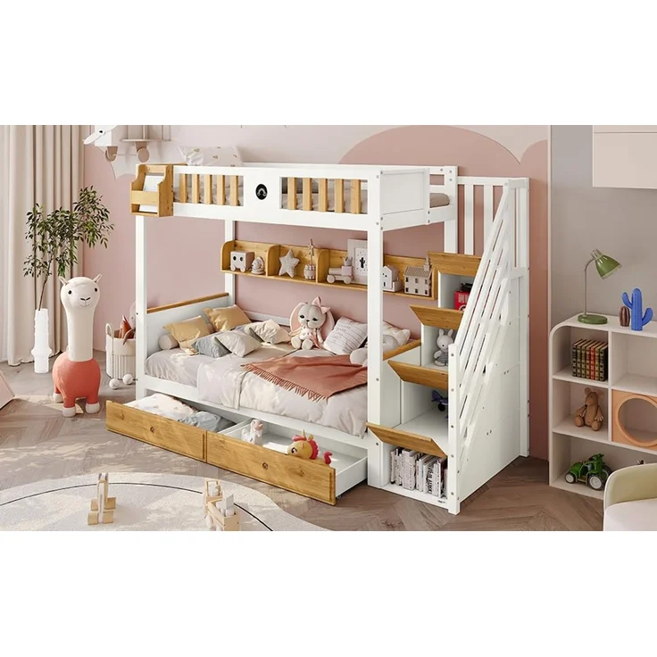 Ball & Cast Hochbett (90x200cm) Kinderbett mit 4 Spinden in der Treppe, Einzelbett mit Geländer und 2 Schubladen, Weiß+Natur – Bild 3