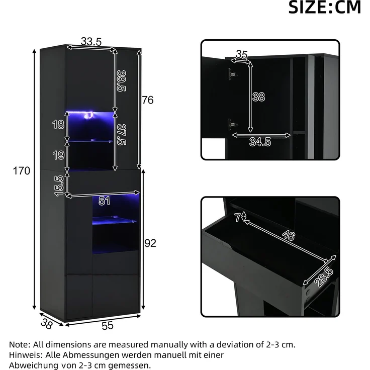 55*38*170cm Verkaufsvitrine, Hochschrank mit 1 Schublade und 4 Schränken,Glasvitrine Vitrinenschränke mit led , Vitrinen Mit Hochglanz-Design,Wohnzimmerschränke, Vitrinen, Schaukästen,Schwarz--Schwarz--55x38x170cm--YOUDENOVA – Bild 10