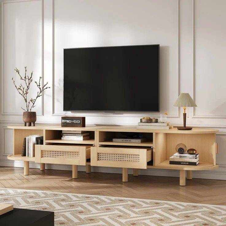 TV-Schrank 170 cm Ovale TV-Bank mit Rattanoptik Schubladen Schiebetüren Lowboard Holzlook Wohnzimmer Kompakter Retro-Stil 8 Beine – Bild 2