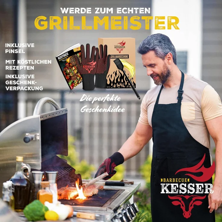 KESSER® Grillhandschuhe hitzebeständig bis 500 °C, Atmungsaktiv & mit rutschfestem Griff, Aramid-Gewebe, Maschinenwaschbar, Schwarz / Rot, M-L – Bild 5