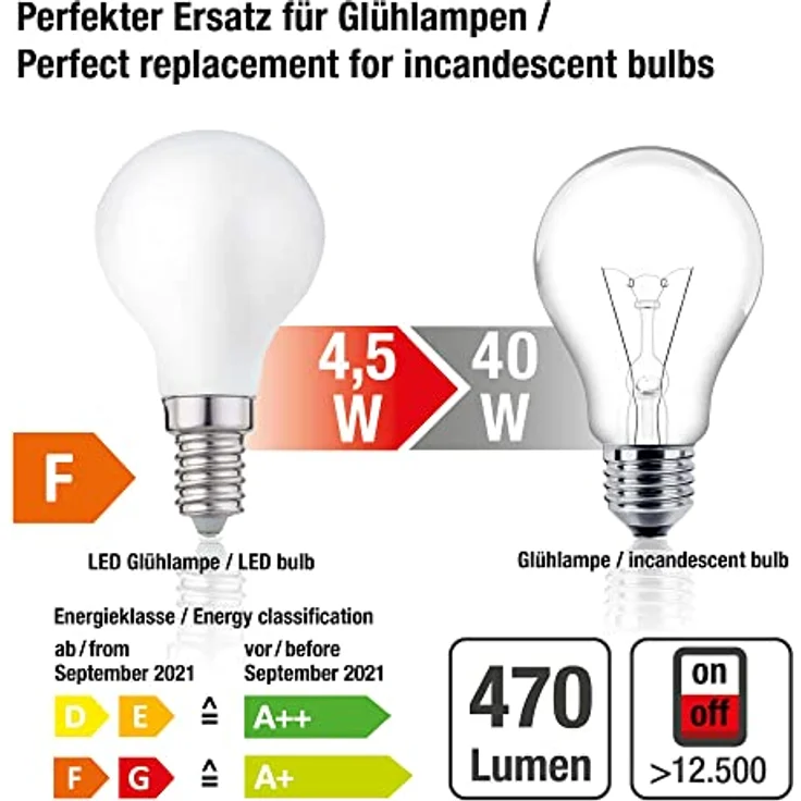 hellum E14 LED Glühbirne, G45 LED Lampe 4,5W als Ersatz Leuchtmittel für 40-Watt Glühbirne, LED E14 warmweiß mit 2700 Kelvin, 470 Lumen LED Filament Matt, 10 Stück 220384 – Bild 3