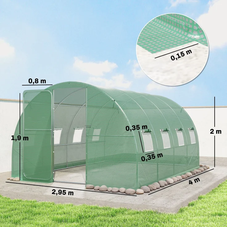 Wohnora-12 m² großes Gartentunnelgewächshaus, 295 x 400 x 200 cm, mit Tür und 8 Fenstern, 140 g/m² grüne PE-Folie,H 2000cm x T 1180cm x B 2950cm,Grün – Bild 4