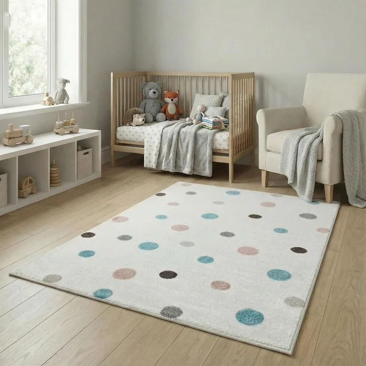 Jimri Kinderteppich DOTS l Pünktchen Gepunktet | Farbe: Beige Blau Rosa | Kinderzimmer/Jugendzimmer (Weiß, 160x230 cm) – Bild 1