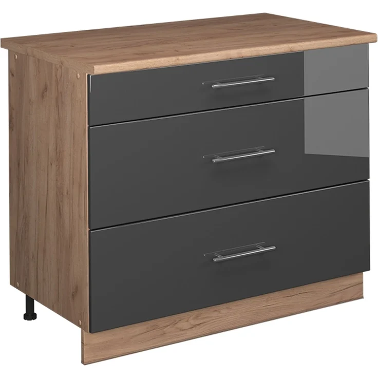 Küchenunterschrank Fame-Line Anthrazit Hochglanz/Goldkraft Eiche 100 cm, AP Eiche Vicco – Bild 1