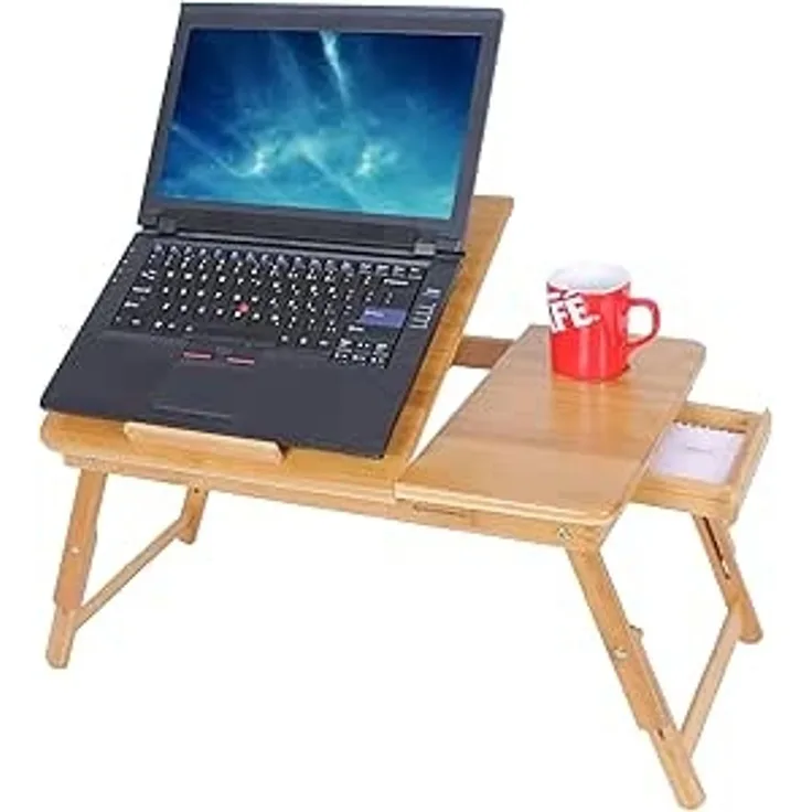 SONGMICS Laptoptisch für Bett, Laptopständer, Frühstückstablett, klappbare Beine, Bambus, höhenverstellbar, mit Schublade, 55 x 35 cm, für Laptops bis 15,6 Zoll, naturbeige