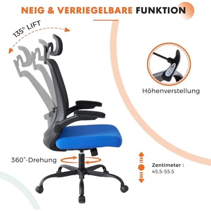 Sweetcrispy Ergonomischer Bürostuhl mit Kopfstütze & verstellbaren Armlehnen – höhenverstellbar, 360° drehbar, Gaming & Schreibtischstuhl für Homeoffice & Büro, Schwarz/Blau – Bild 7