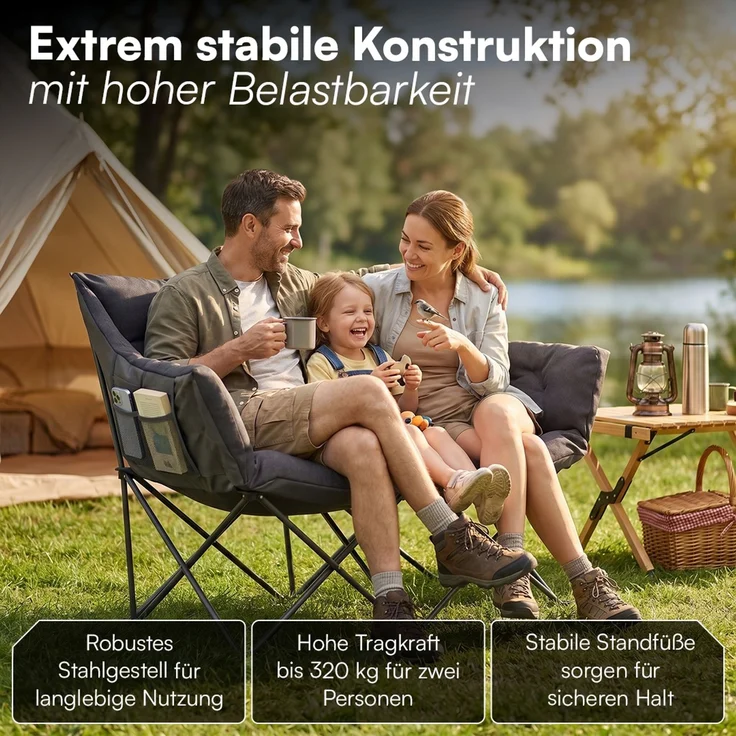 STEELSØN 'Hoggar' Campingbank für 2 Personen, schwarz, XXL Klappstuhl, bis 320 kg, gepolsterte Campingbank mit 2 Seitentaschen – Bild 5