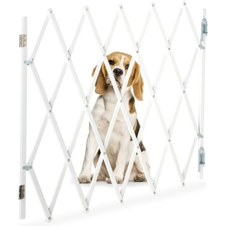 Relaxdays Hundegitter, ausziehbar bis 118 cm, 69-82,5 cm hoch, Hunde Schutzgitter für Treppe & Tür, Weiß