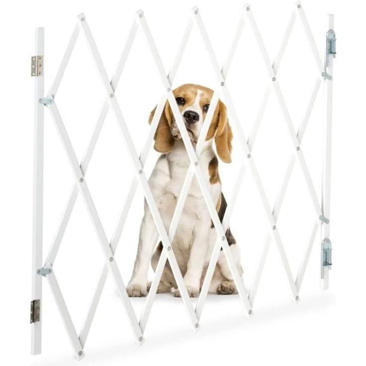 Relaxdays Hundegitter, ausziehbar bis 118 cm, 69-82,5 cm hoch, Hunde Schutzgitter für Treppe & Tür, Weiß – Bild 1