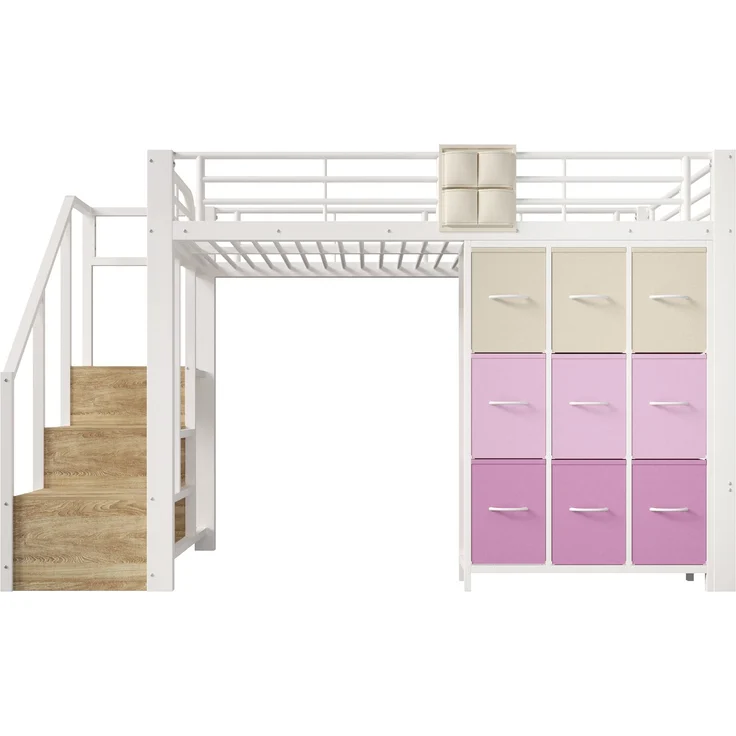 Merax Hochbett, Kinderbett 140×200 cm, Metall, mit Schubladen, Kleiderstange, Geländer, Treppe mit Stauraum, ohne Matratze, Weiß – Bild 7
