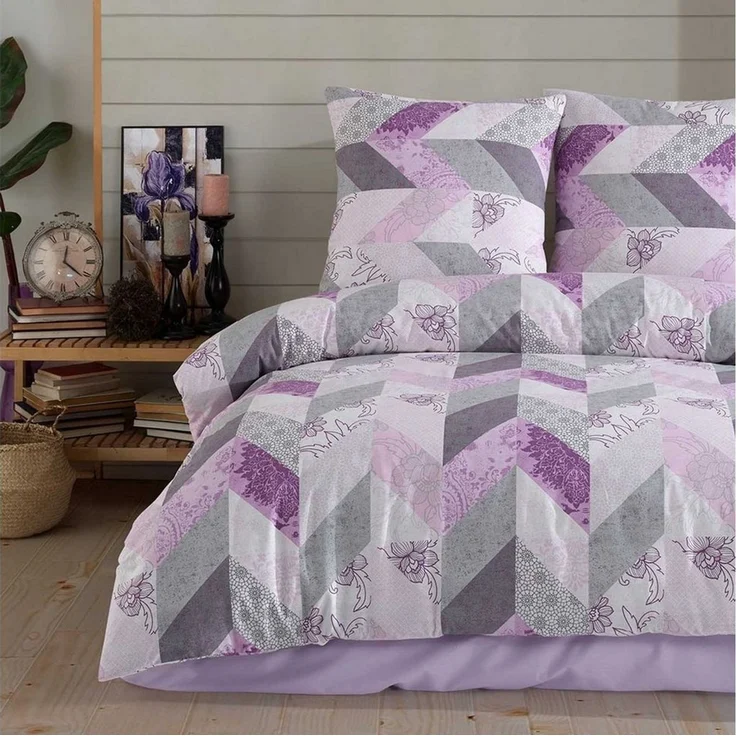 Buymax Bettwäsche Eldora, Renforcé: 100% Baumwolle, 3 teilig, 200x200 cm Kissenbezug 80x80, Reißverschluss Bettwäsche-Set, Lila Grau – Bild 2